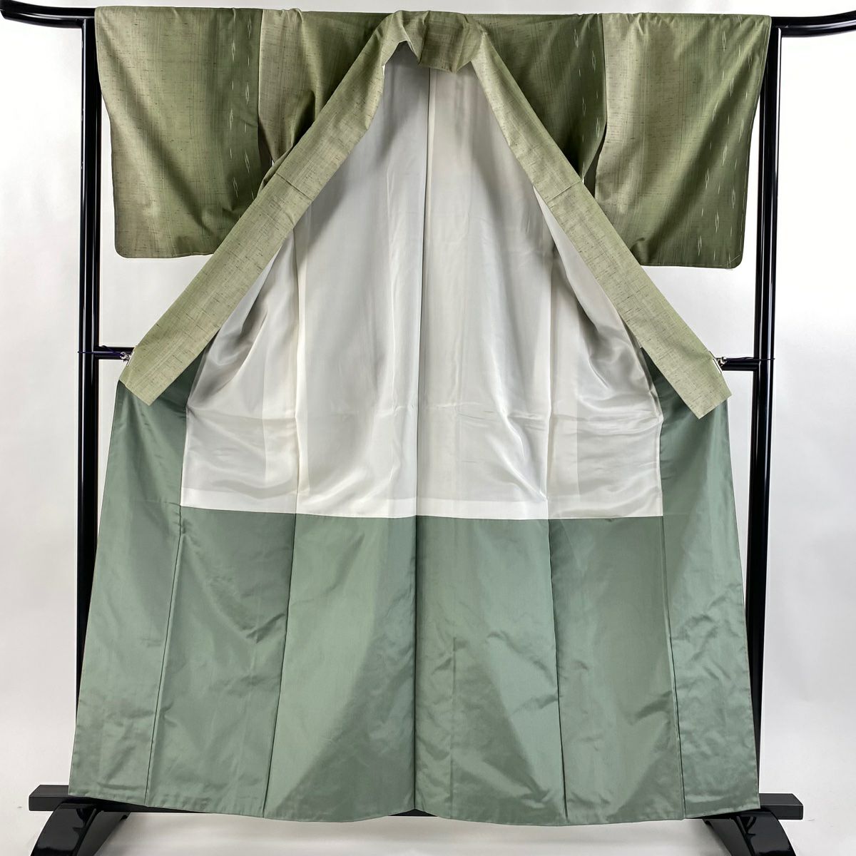 【美品】 紬織 身長160cm 袖長63.5cm S 雙層 縞 幾何圖案 灰綠 純蠶絲 名品級