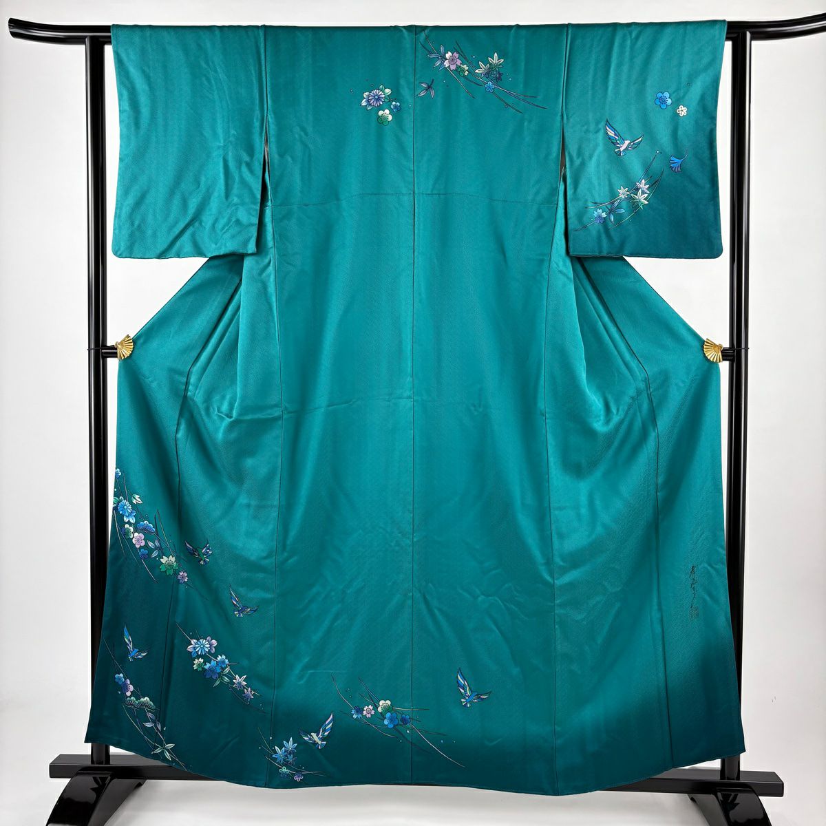 付下 身長158.5cm 袖長61cm S 雙層 斉藤三才 落款 鳥 松樹梅花 漸層 綠 純蠶絲 名品級