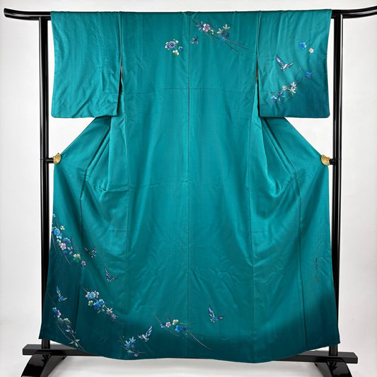付下 身長158.5cm 袖長61cm S 雙層 斉藤三才 落款 鳥 松樹梅花 漸層 綠 純蠶絲 名品級