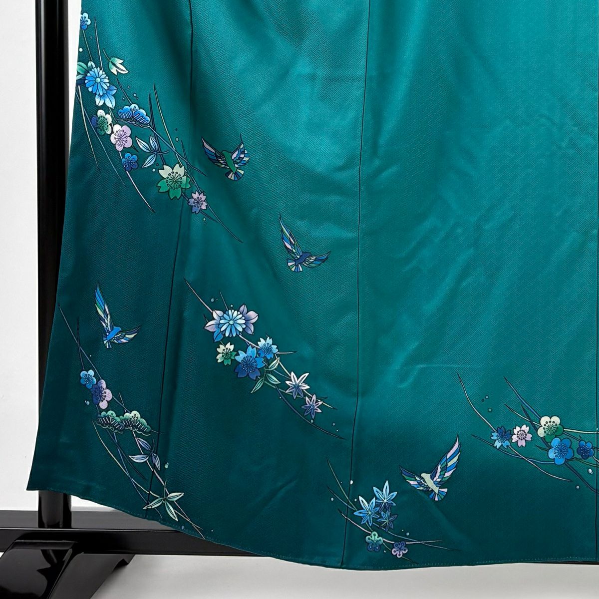 付下 身長158.5cm 袖長61cm S 雙層 斉藤三才 落款 鳥 松樹梅花 漸層 綠 純蠶絲 名品級