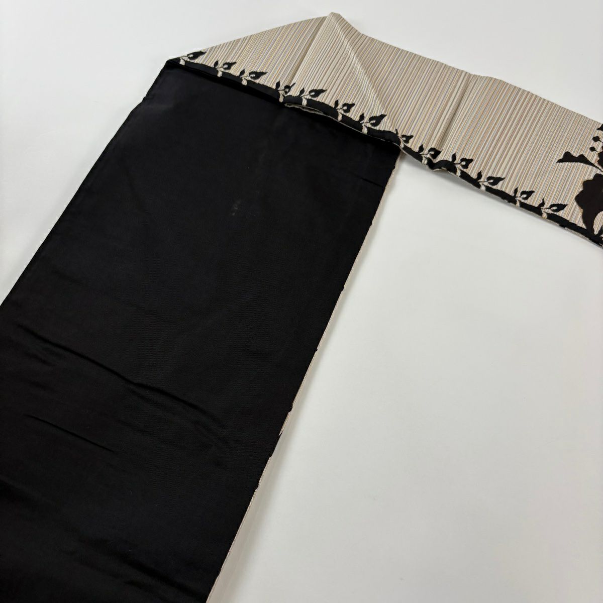 【庫存清倉】 名古屋帶 名品級 紬織織 草花紋紋 條紋 金金箔 金銀絲 黑 純蠶絲