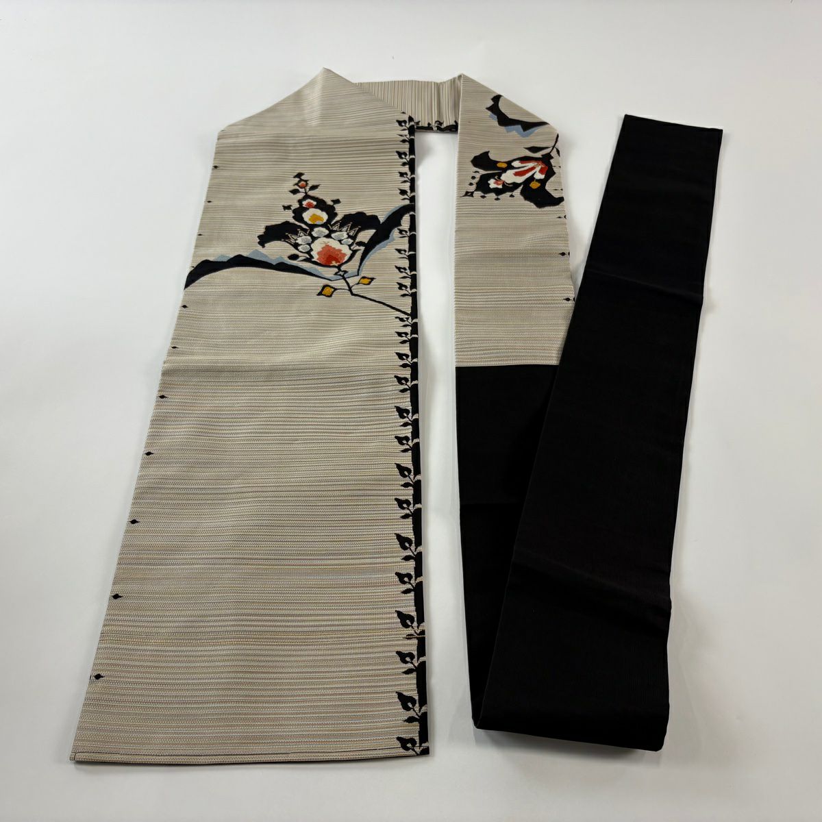 【庫存清倉】 名古屋帶 名品級 紬織織 草花紋紋 條紋 金金箔 金銀絲 黑 純蠶絲