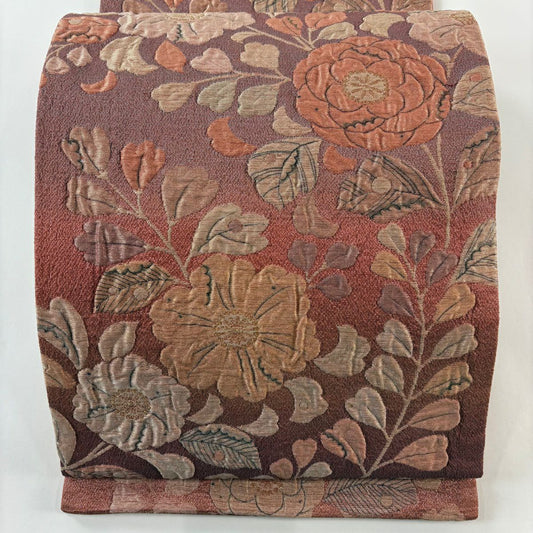 【庫存清倉】 【美品】 袋帶 名品級 草花紋紋 金金箔 縮緬 茜 深藍 六通 純蠶絲