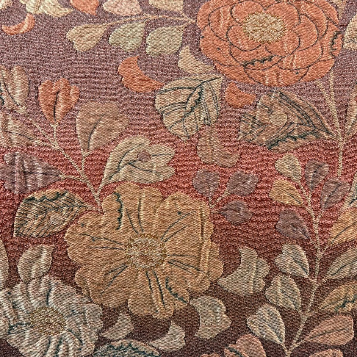 【庫存清倉】 【美品】 袋帶 名品級 草花紋紋 金金箔 縮緬 茜 深藍 六通 純蠶絲