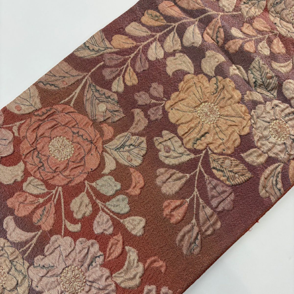 【庫存清倉】 【美品】 袋帶 名品級 草花紋紋 金金箔 縮緬 茜 深藍 六通 純蠶絲