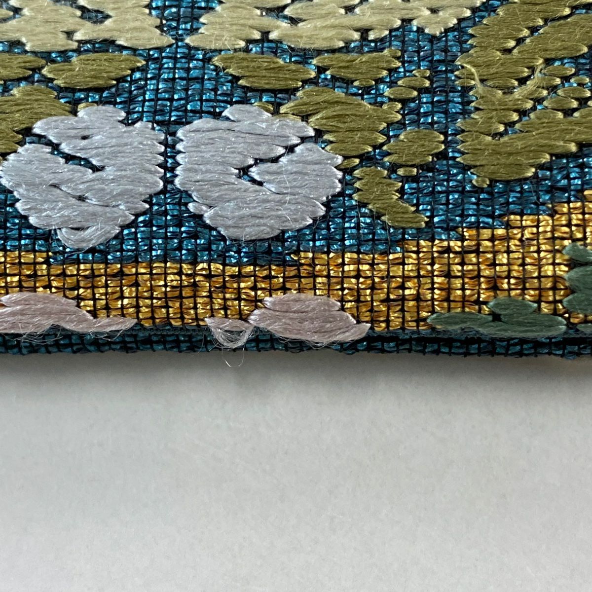【清倉】 【美品】 袋帶 名品級 華紋 向鳥 唐織 金金箔 青綠 六通 純蠶絲