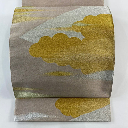 【庫存清倉】 【美品】 袋帶 名品級 雙面 大和 雲紋 霞 金金箔 淺紅色 大鼓圖案 純蠶絲