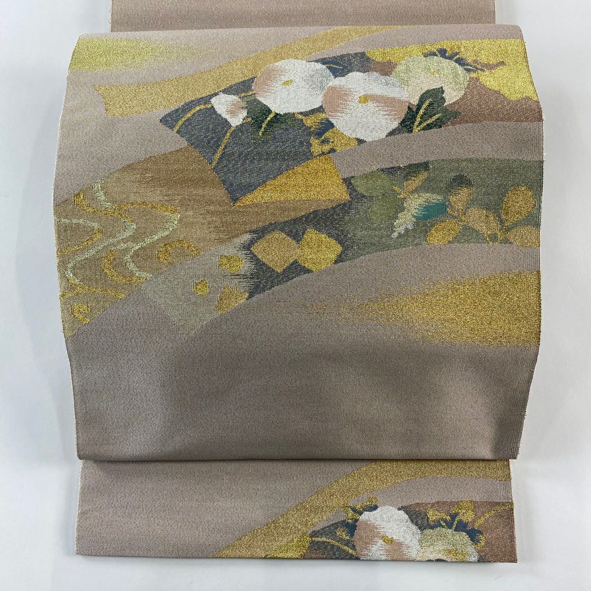 【庫存清倉】 【美品】 袋帶 名品級 雙面 大和 雲紋 霞 金金箔 淺紅色 大鼓圖案 純蠶絲
