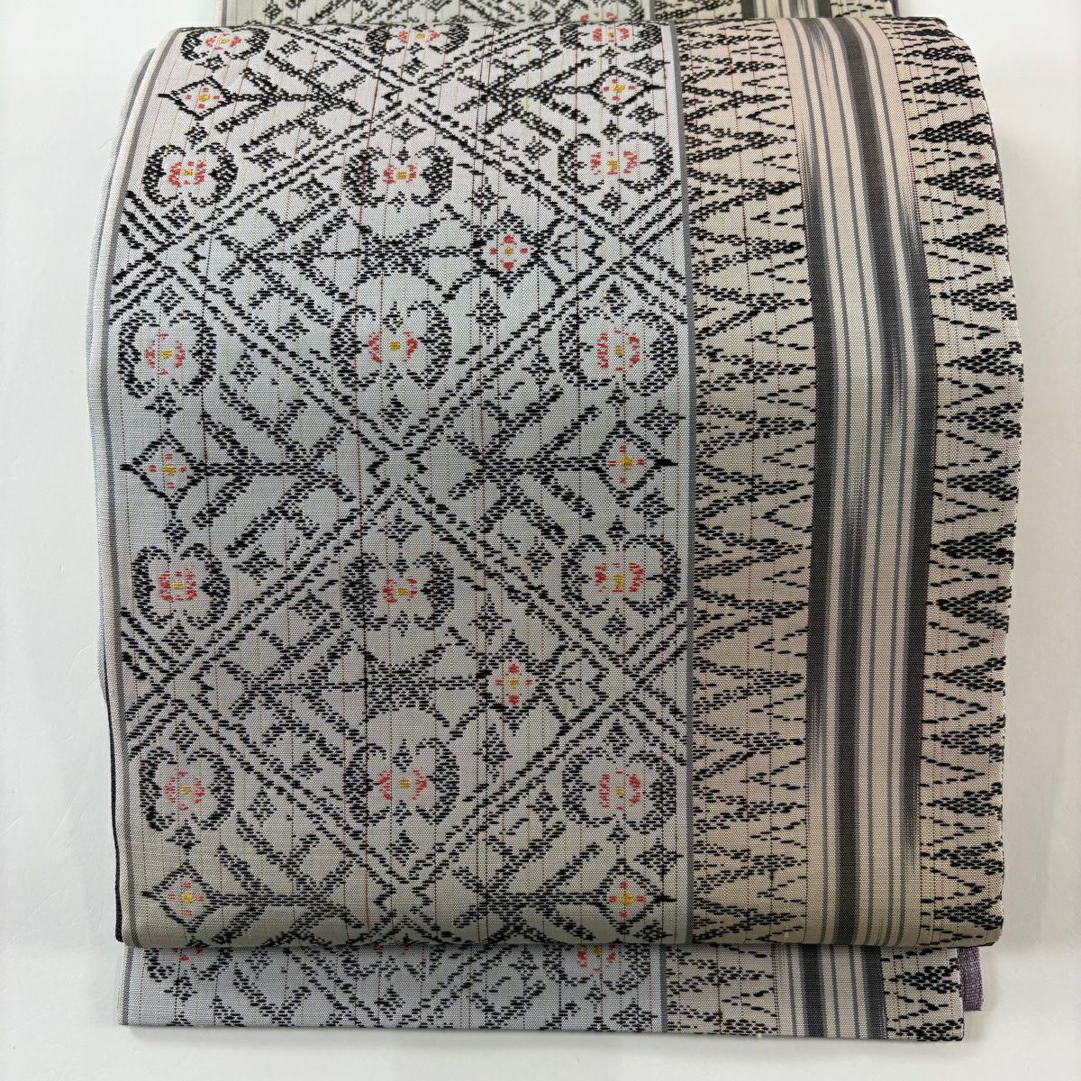 【庫存清倉】 【美品】 袋帶 名品級 大和 菱紋 縞紋 金絲 藍灰色 六通 純蠶絲
