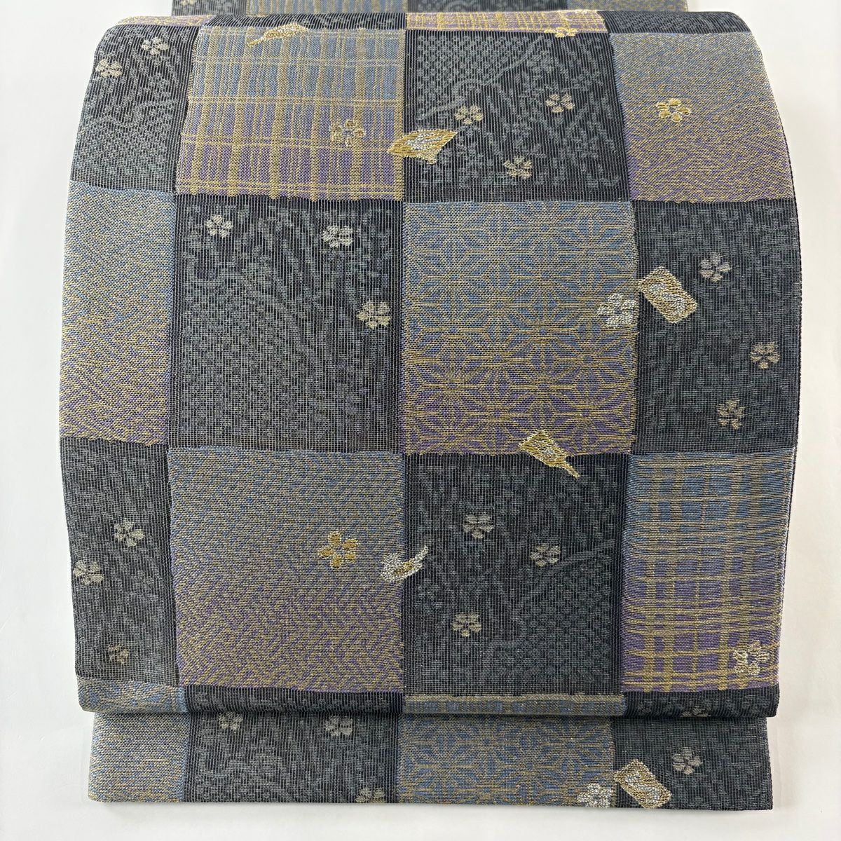 【庫存清倉】 【美品】 袋帶 名品級 大和 有職紋樣 市松樹 金銀線 黑灰 六通 純蠶絲
