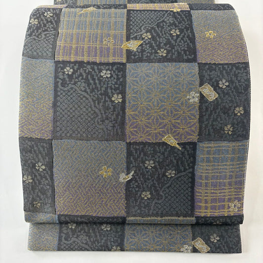 【庫存清倉】 【美品】 袋帶 名品級 大和 有職紋樣 市松樹 金銀線 黑灰 六通 純蠶絲
