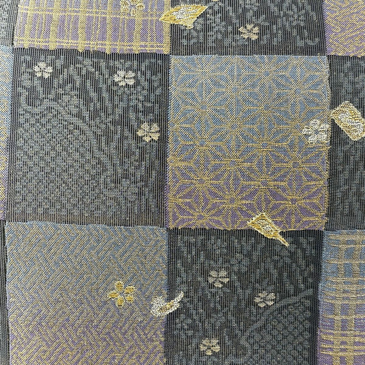 【庫存清倉】 【美品】 袋帶 名品級 大和 有職紋樣 市松樹 金銀線 黑灰 六通 純蠶絲