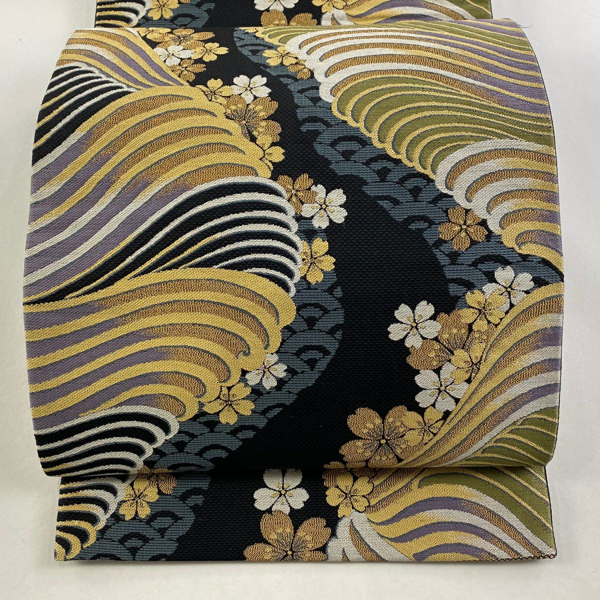 【庫存清倉】 【美品】 袋帶 名品級 波 櫻花 金金箔 黑 六通 純蠶絲