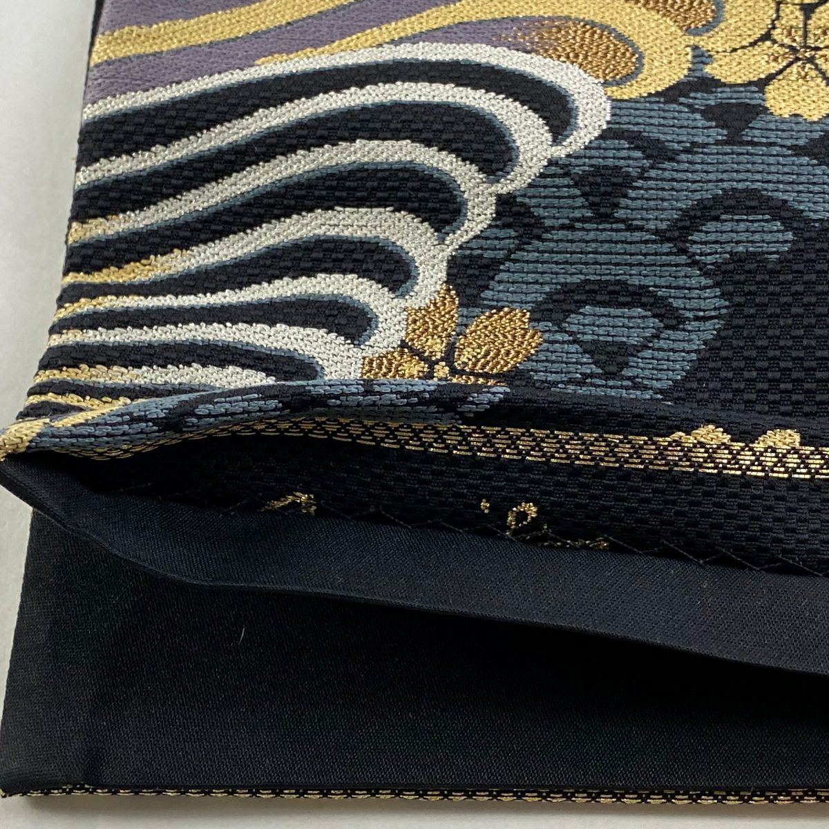 【庫存清倉】 【美品】 袋帶 名品級 波 櫻花 金金箔 黑 六通 純蠶絲