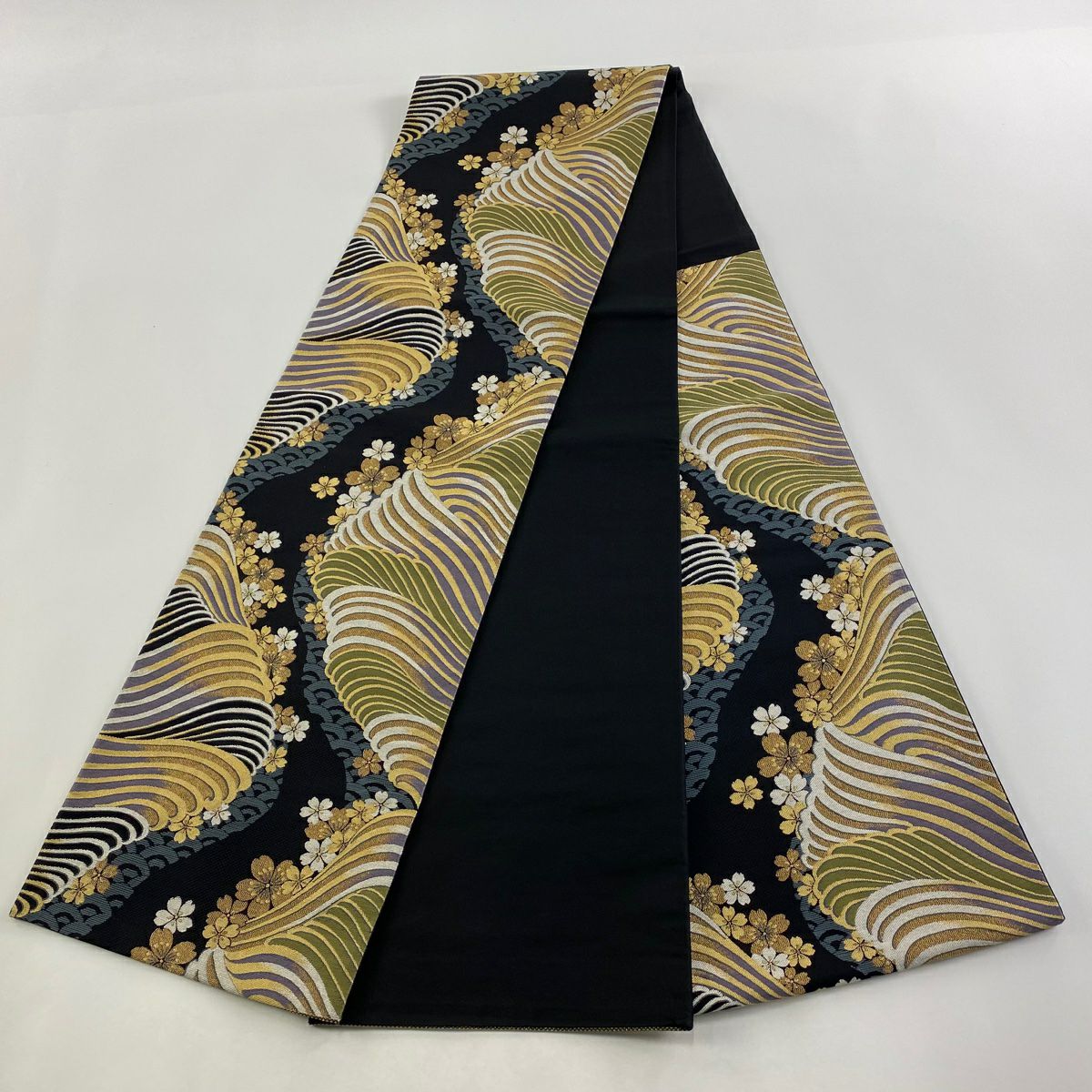 【庫存清倉】 【美品】 袋帶 名品級 波 櫻花 金金箔 黑 六通 純蠶絲