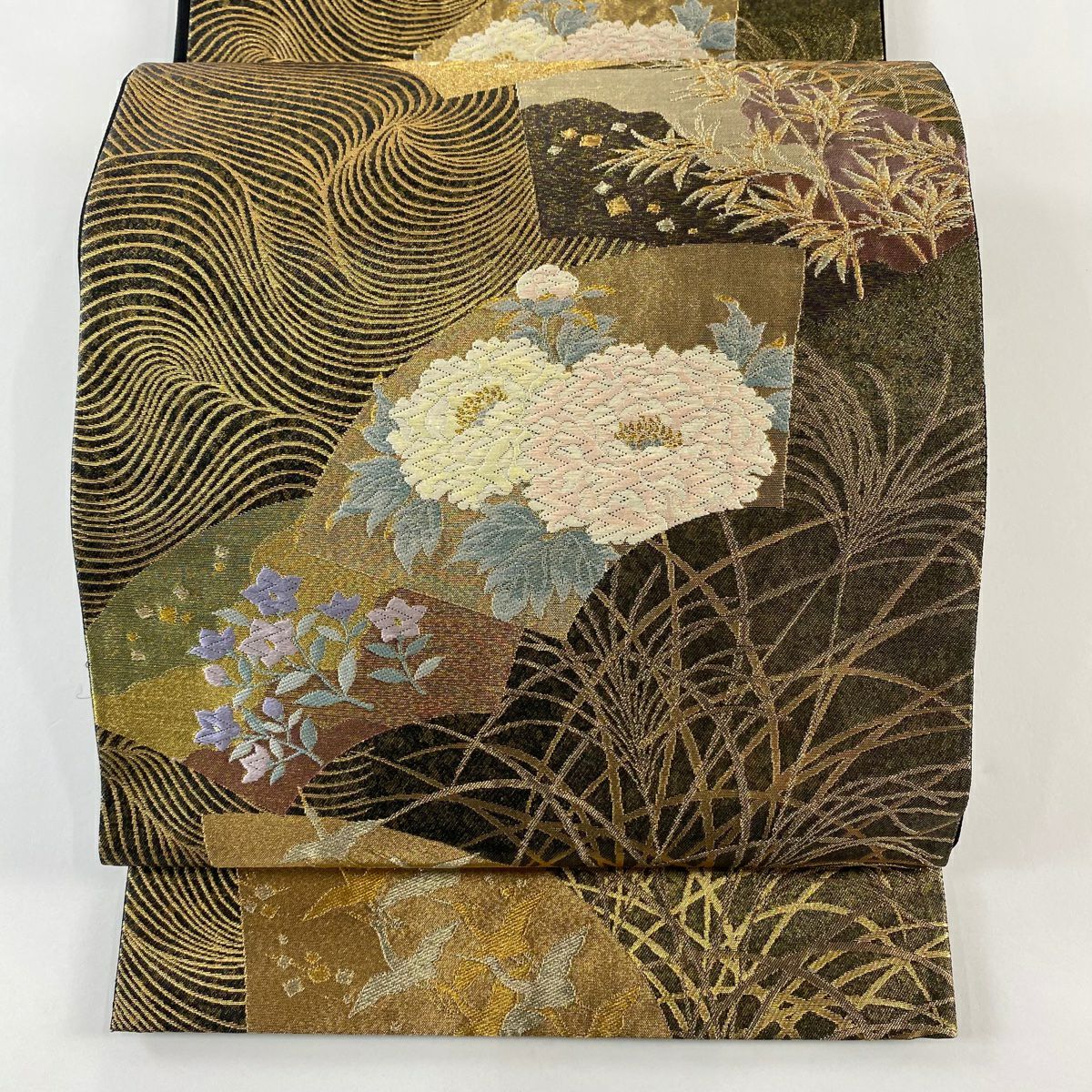 【庫存清倉】 【美品】 袋帶 名品級 じゅらく 附落款 扇子面 花鳥 金絲 金金箔 金色 六通 純蠶絲