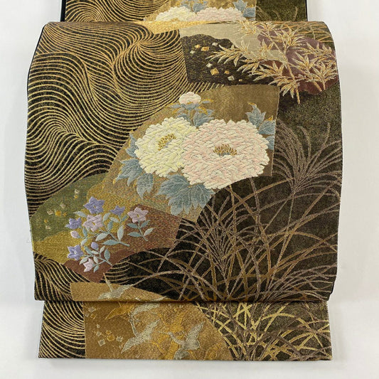 【庫存清倉】 【美品】 袋帶 名品級 じゅらく 附落款 扇子面 花鳥 金絲 金金箔 金色 六通 純蠶絲