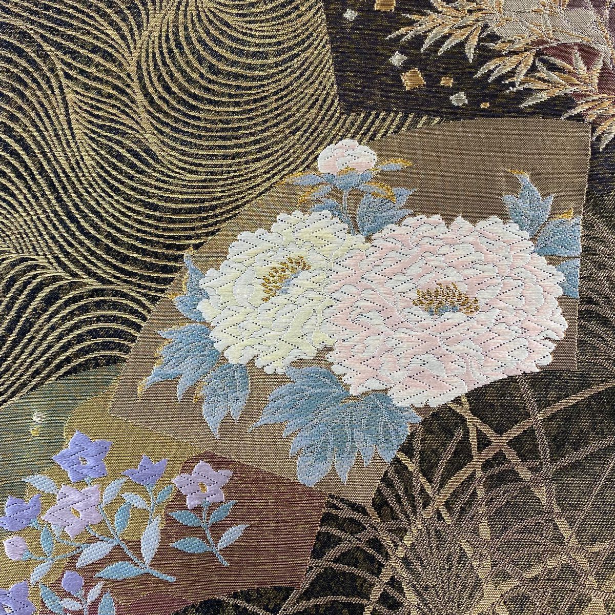 【庫存清倉】 【美品】 袋帶 名品級 じゅらく 附落款 扇子面 花鳥 金絲 金金箔 金色 六通 純蠶絲