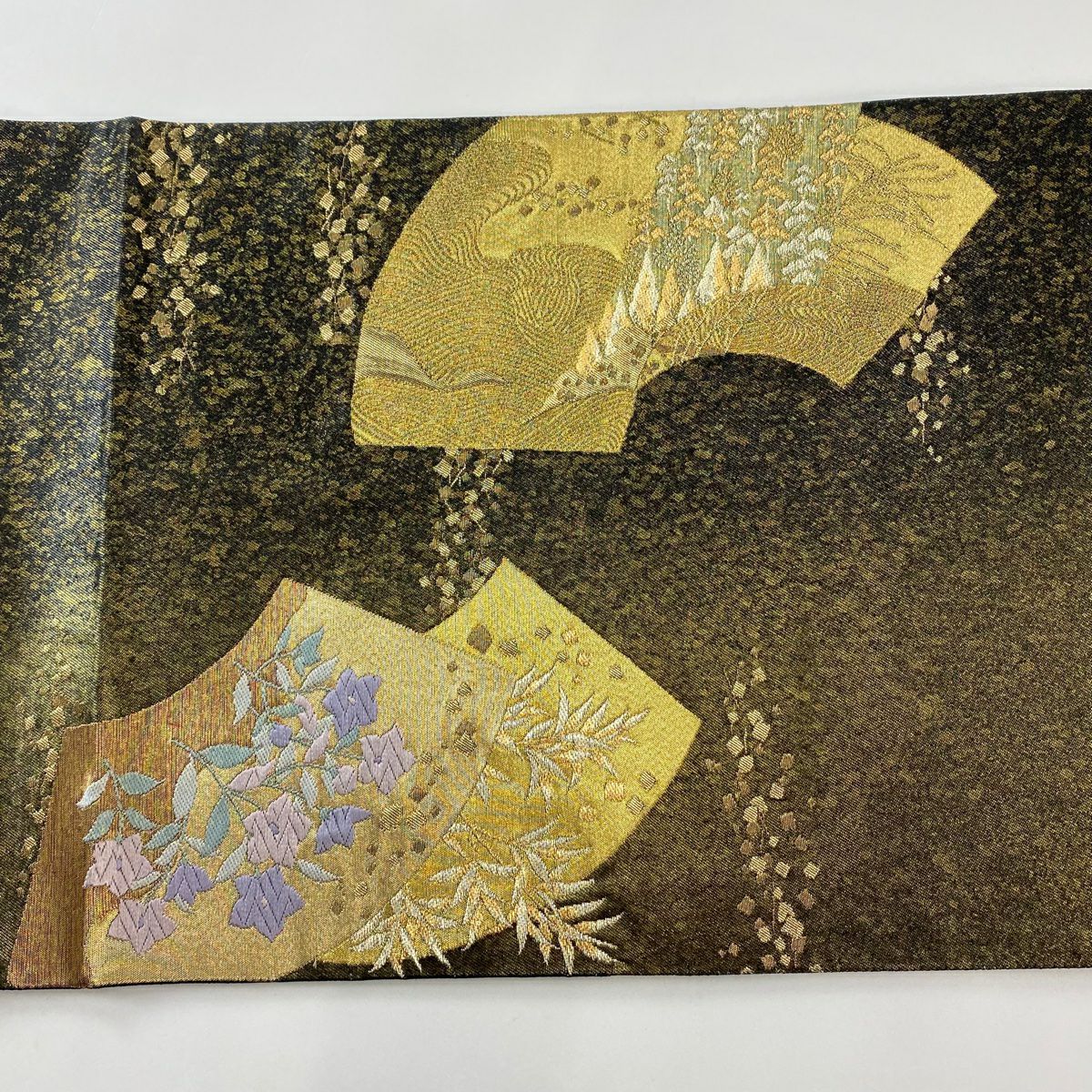 【庫存清倉】 【美品】 袋帶 名品級 じゅらく 附落款 扇子面 花鳥 金絲 金金箔 金色 六通 純蠶絲