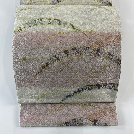 【庫存清倉】 【美品】 袋帶 名品級 證書齊全 雪芝 菊花花 金絲 金金箔 灰白 六通 純蠶絲
