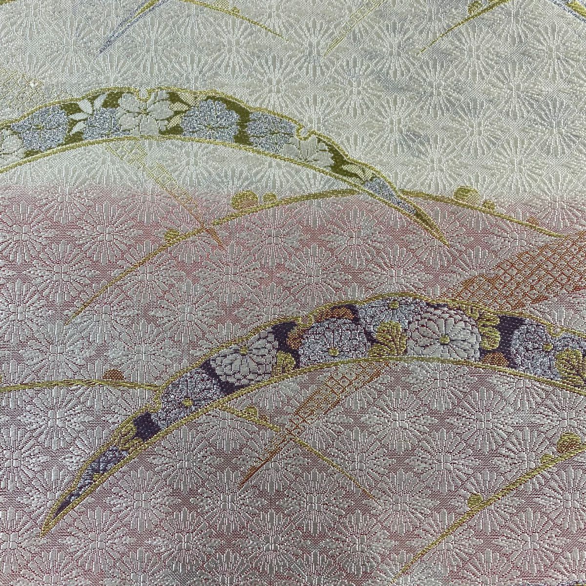【庫存清倉】 【美品】 袋帶 名品級 證書齊全 雪芝 菊花花 金絲 金金箔 灰白 六通 純蠶絲