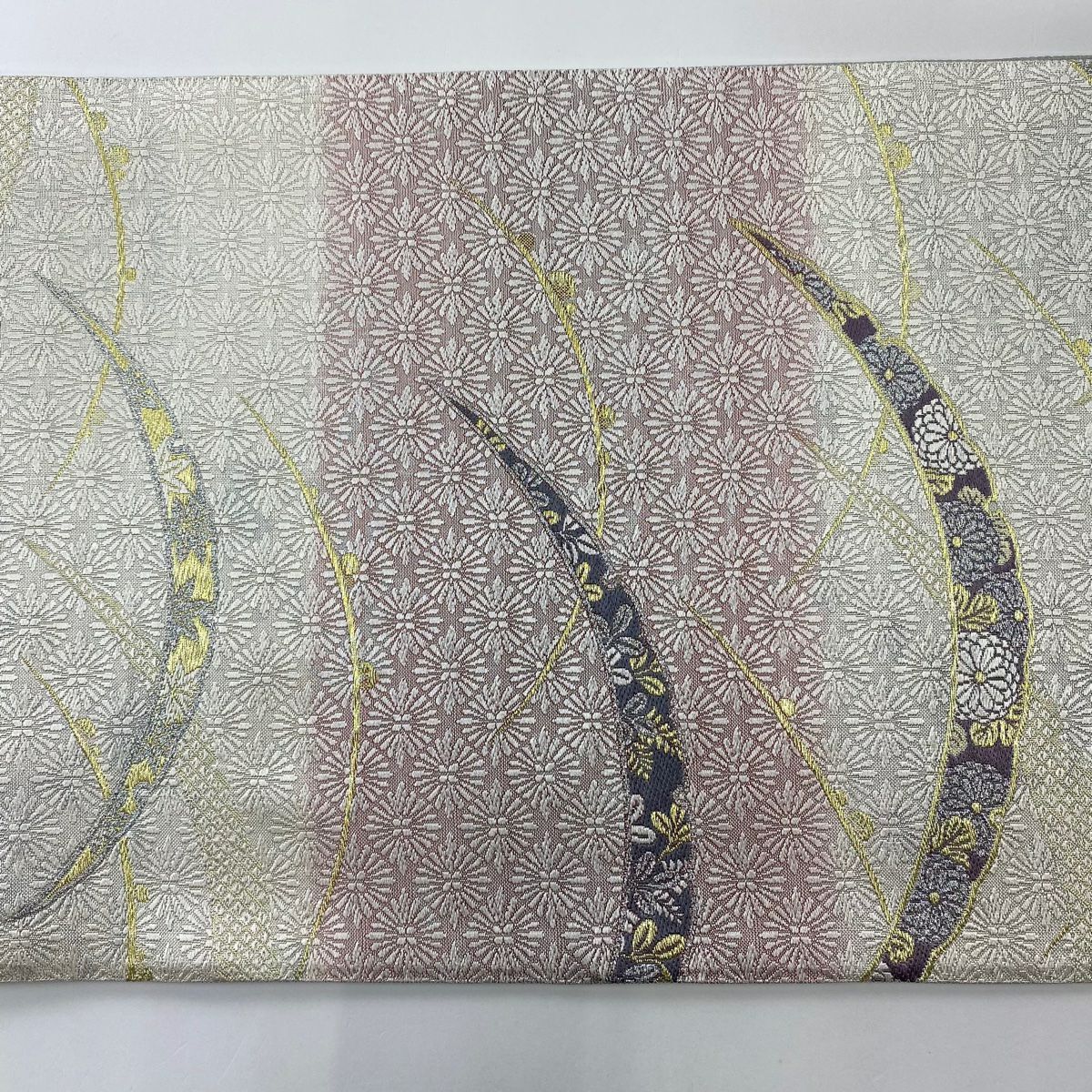 【庫存清倉】 【美品】 袋帶 名品級 證書齊全 雪芝 菊花花 金絲 金金箔 灰白 六通 純蠶絲