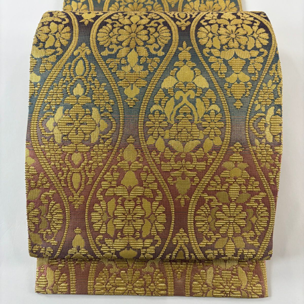 【庫存清倉】 【美品】 袋帶 名品級 立涌 草花紋 金絲 金色 六通 純蠶絲