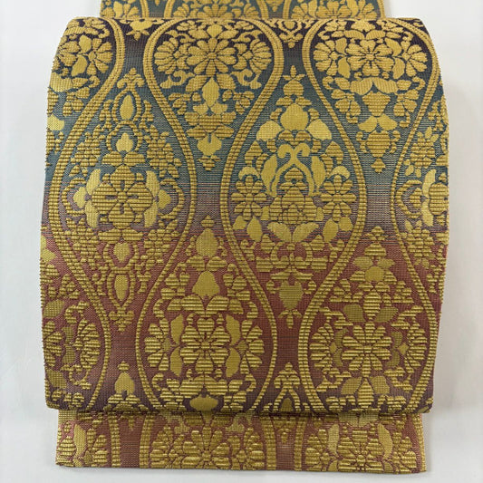 【庫存清倉】 【美品】 袋帶 名品級 立涌 草花紋 金絲 金色 六通 純蠶絲