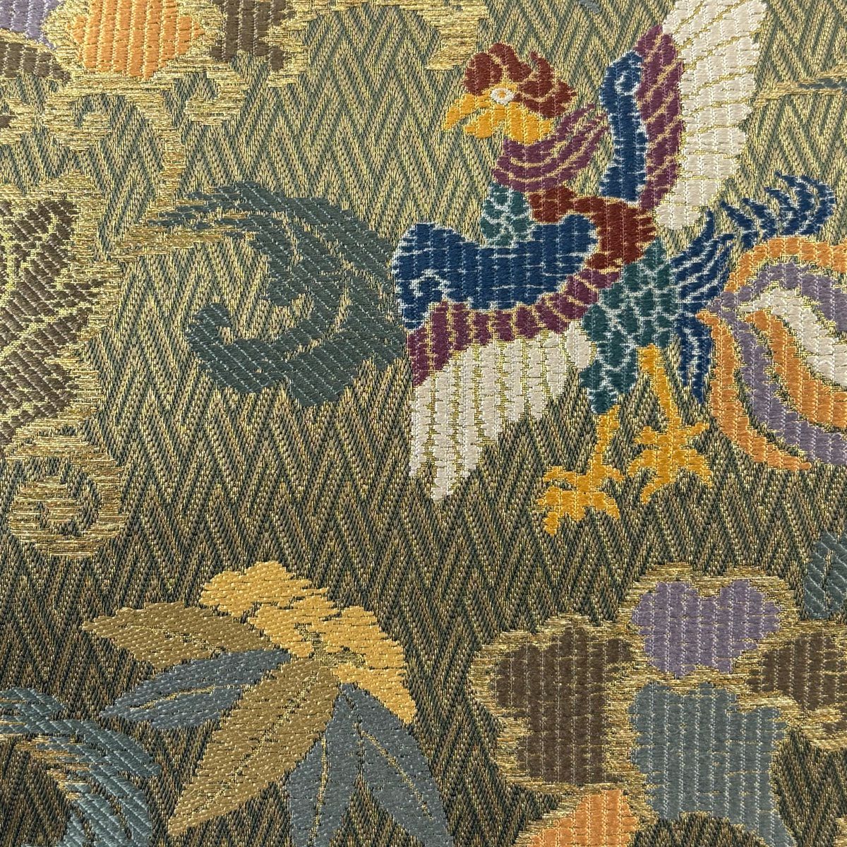 【庫存清倉】 袋帶 名品級 鳳凰牡丹紋 鳳凰牡丹紋 笹 金絲 茶綠 六通 純蠶絲