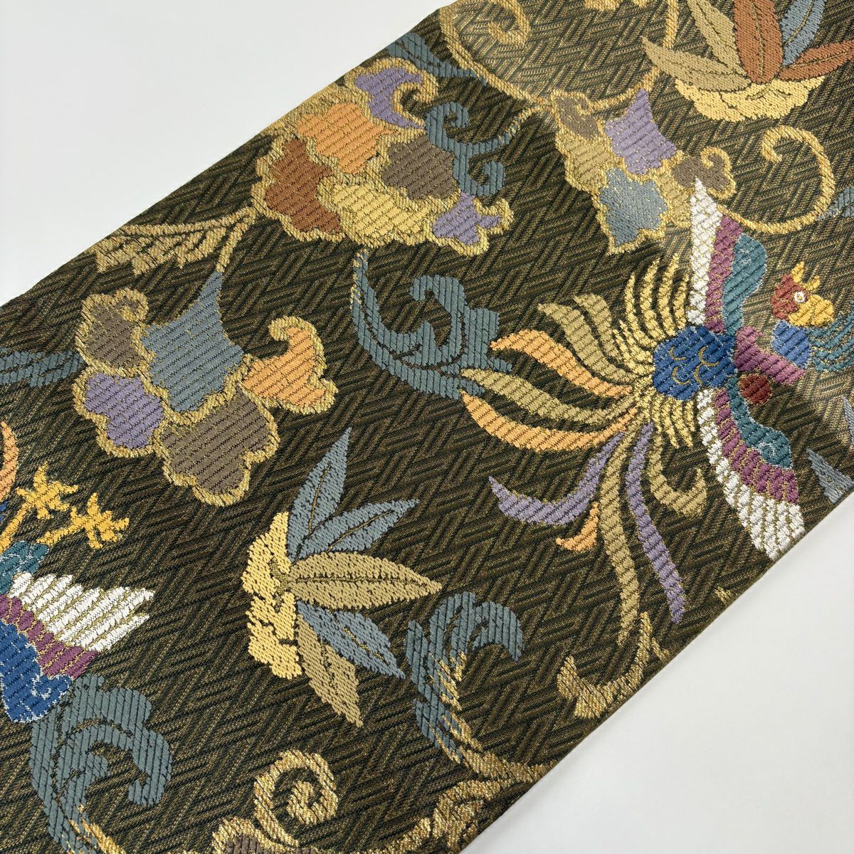 【庫存清倉】 袋帶 名品級 鳳凰牡丹紋 鳳凰牡丹紋 笹 金絲 茶綠 六通 純蠶絲