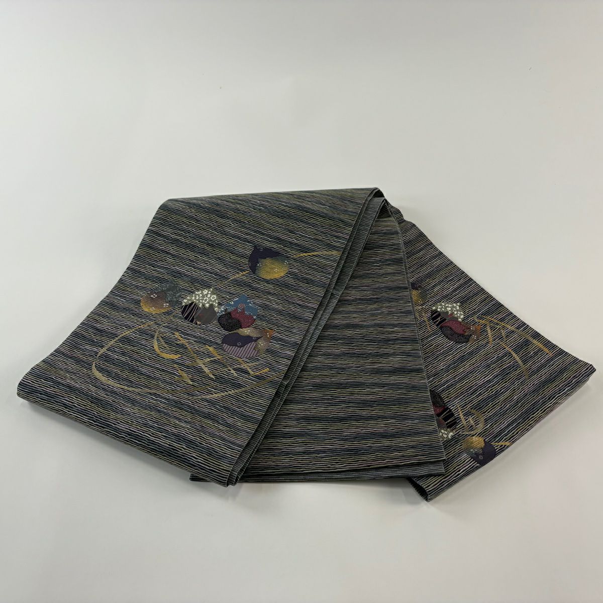 【庫存清倉】 【美品】 袋帶 名品級 茄子 金彩裝飾 灰色 大鼓圖案 純蠶絲