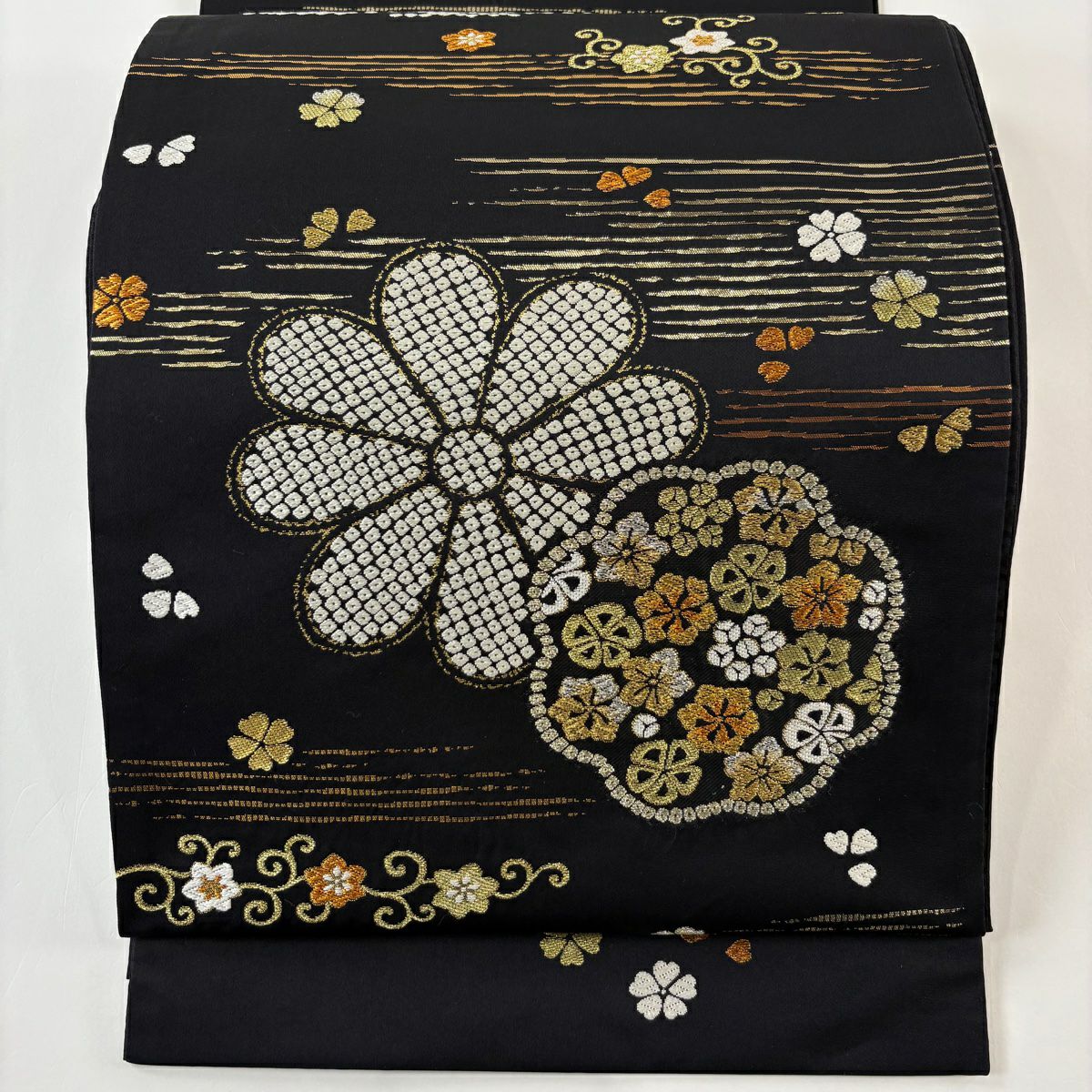 【庫存清倉】 袋帶 名品級 菊花花 金銀彩 金金箔 黑色 大鼓圖案 純蠶絲