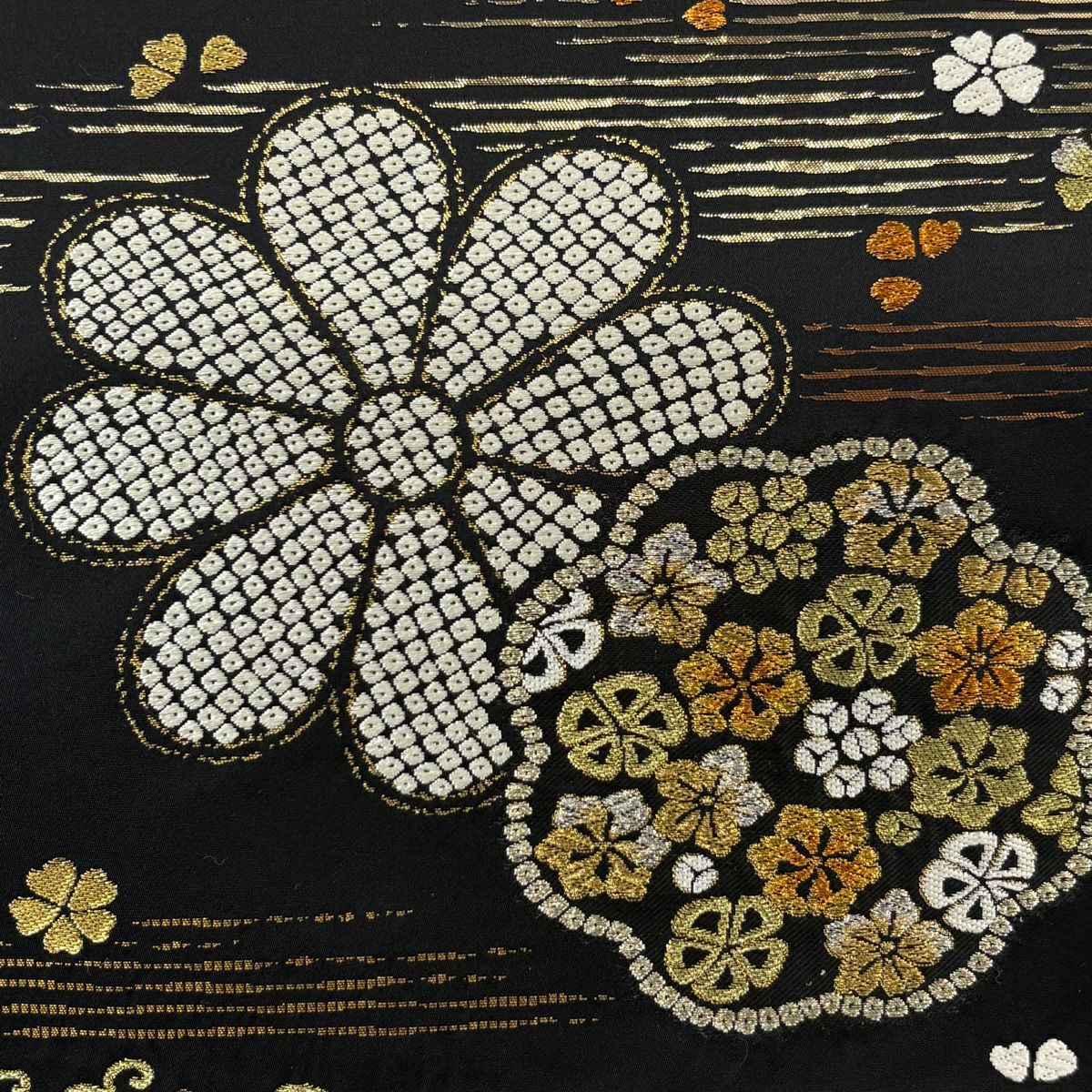 【庫存清倉】 袋帶 名品級 菊花花 金銀彩 金金箔 黑色 大鼓圖案 純蠶絲
