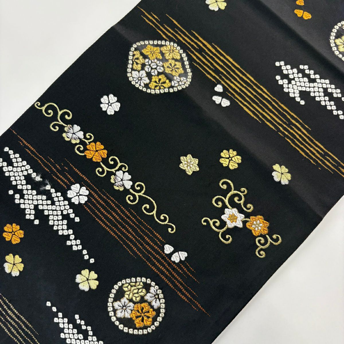 【庫存清倉】 袋帶 名品級 菊花花 金銀彩 金金箔 黑色 大鼓圖案 純蠶絲