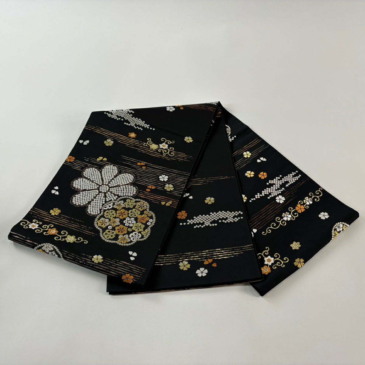 【庫存清倉】 袋帶 名品級 菊花花 金銀彩 金金箔 黑色 大鼓圖案 純蠶絲
