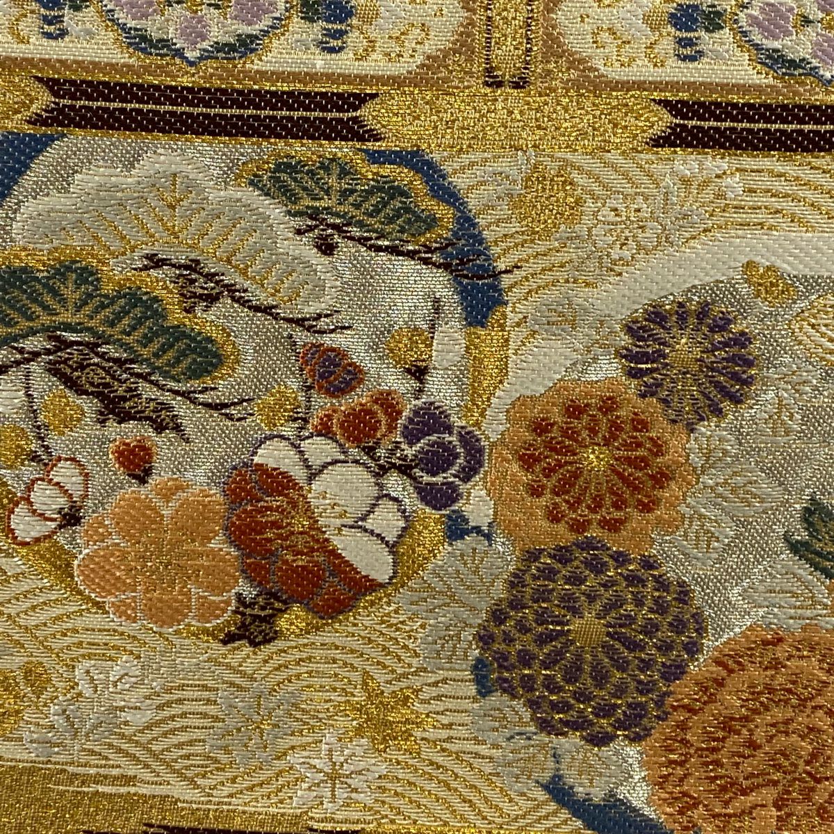 袋帶 秀品級 花丸紋 鳥 金銀絲 金金箔 金色 六通 純蠶絲