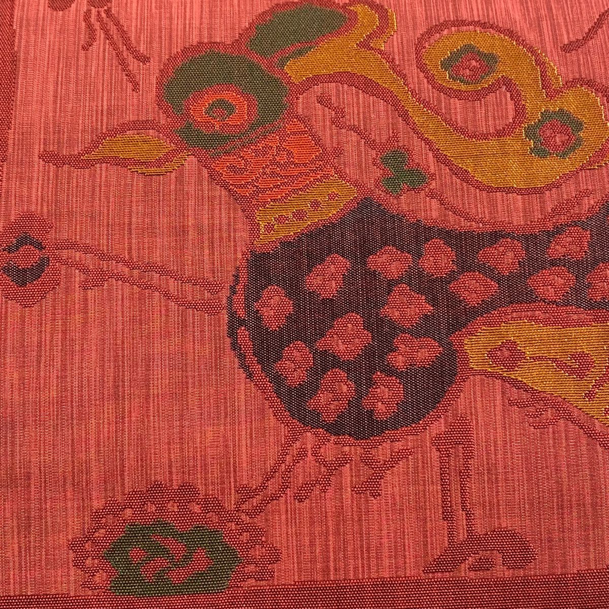 【美品】 袋帶 秀品級 木屋太 落款あり 關西裁縫 市松樹 鳥 茜 深藍 六通 純蠶絲