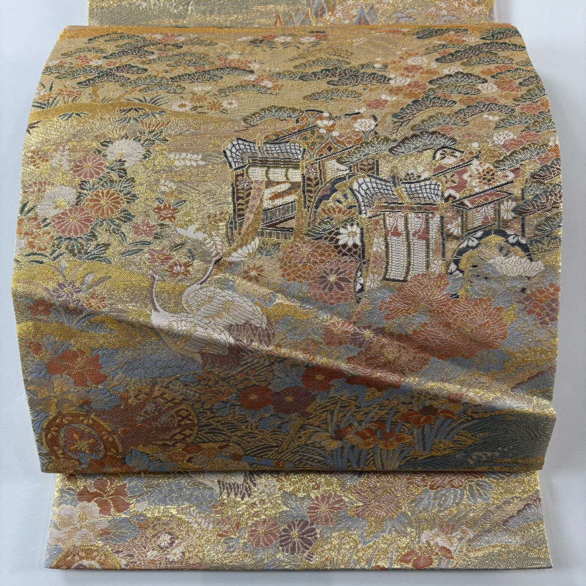 袋帶 秀品級 御所車 松樹 金絲 金金箔 金 六通 純蠶絲