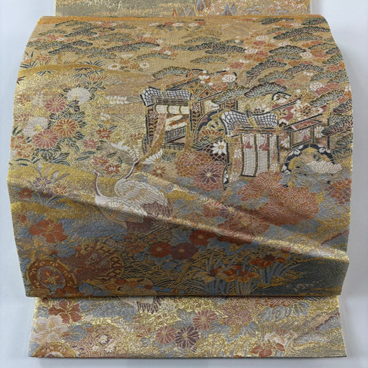 袋帶 秀品級 御所車 松樹 金絲 金金箔 金 六通 純蠶絲