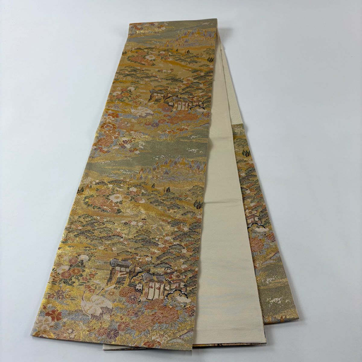 袋帶 秀品級 御所車 松樹 金絲 金金箔 金 六通 純蠶絲