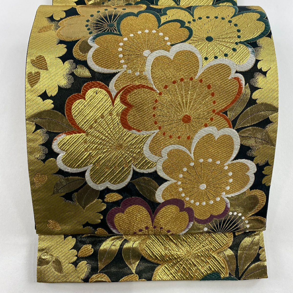 【美品】 袋帶 秀品級 献上櫻花重文 金絲 金金箔 墨色 六通 純蠶絲