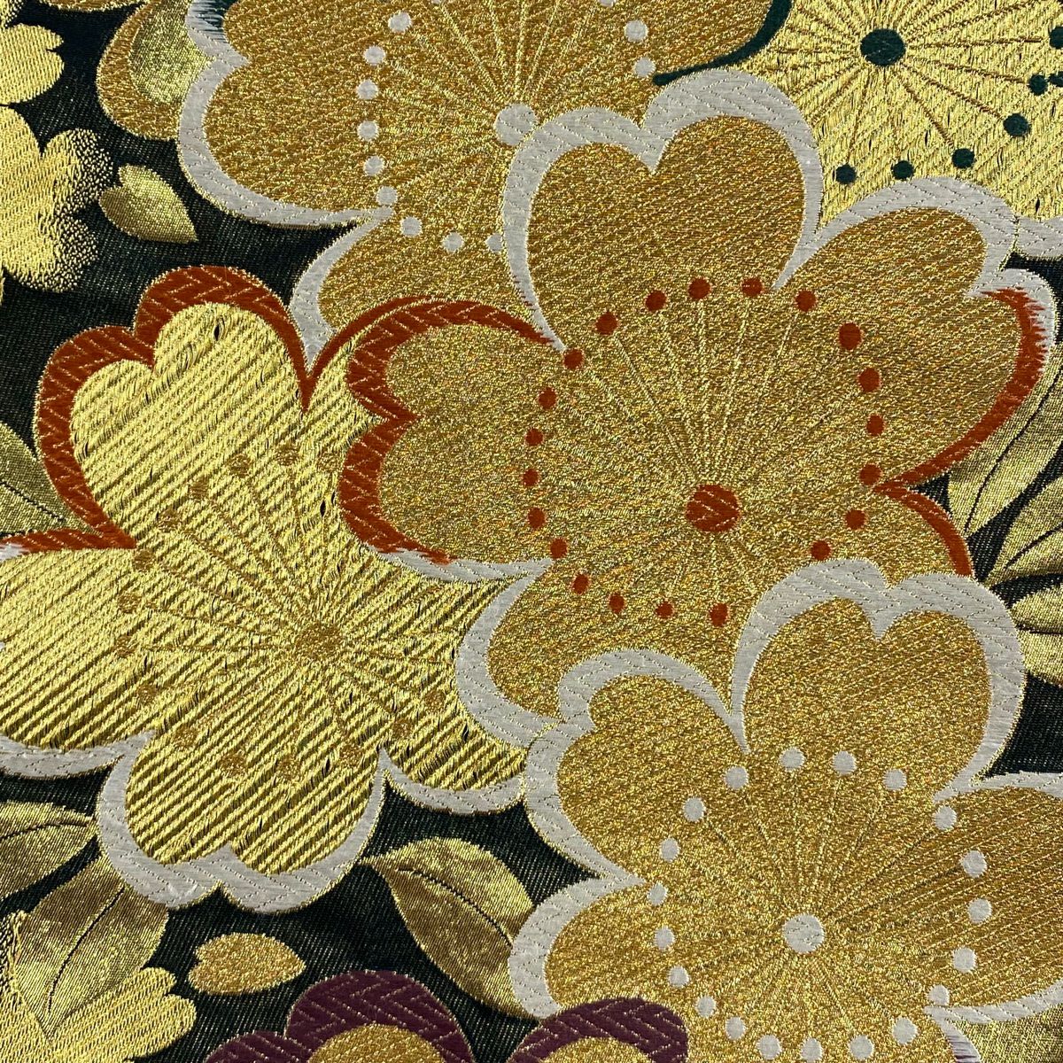 【美品】 袋帶 秀品級 献上櫻花重文 金絲 金金箔 墨色 六通 純蠶絲