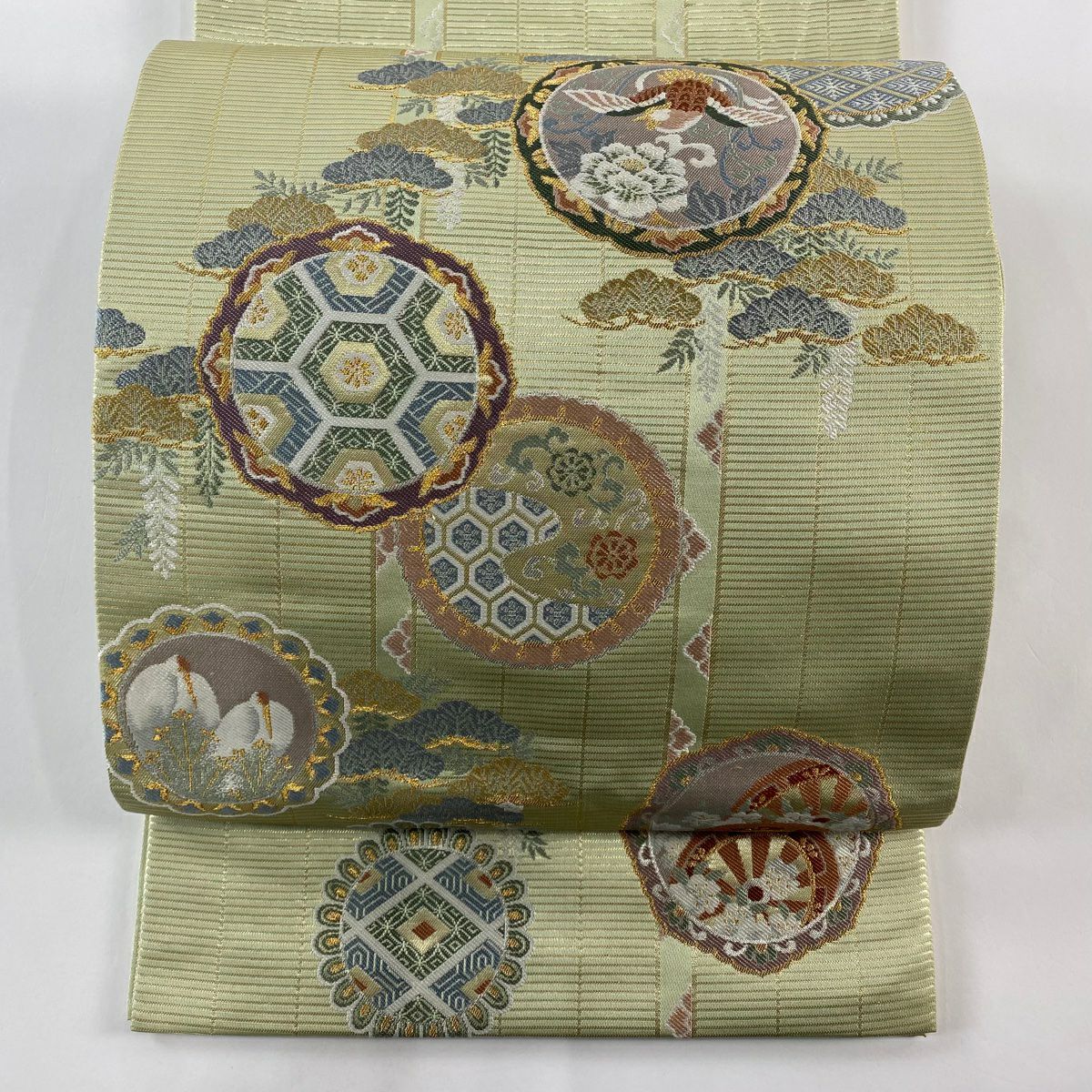 【美品】 袋帶 秀品級 2通 別腹新丸帶 花鳥 笠松樹 金絲 金金箔 淺綠 お太鼓圖案 純蠶絲