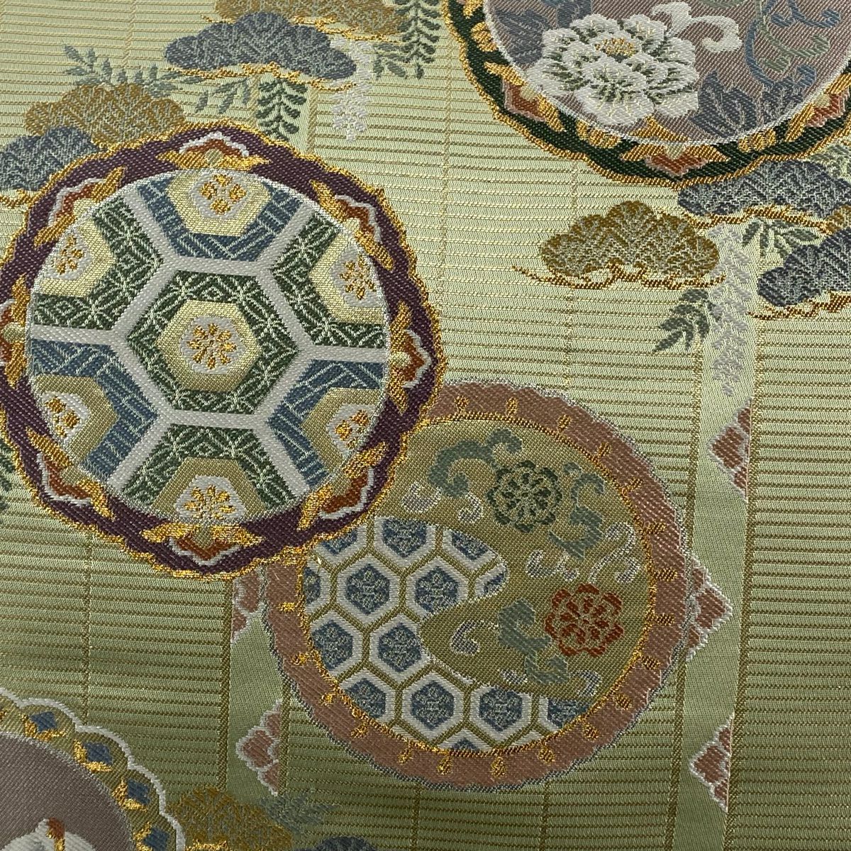 【美品】 袋帶 秀品級 2通 別腹新丸帶 花鳥 笠松樹 金絲 金金箔 淺綠 お太鼓圖案 純蠶絲