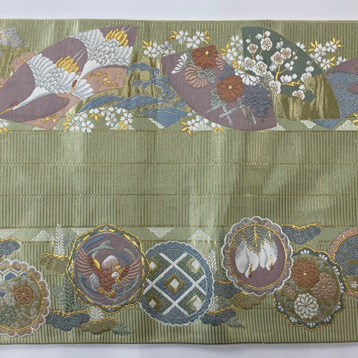 【美品】 袋帶 秀品級 2通 別腹新丸帶 花鳥 笠松樹 金絲 金金箔 淺綠 お太鼓圖案 純蠶絲