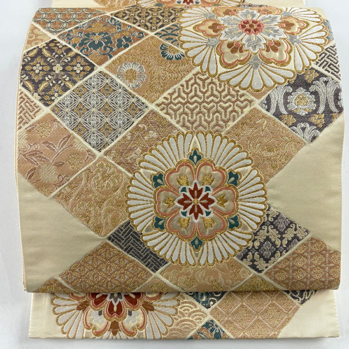 【美品】 袋帶 秀品級 誰的辻古代裂 華紋 菱 金銀糸 金金箔 米色 六通 純蠶絲
