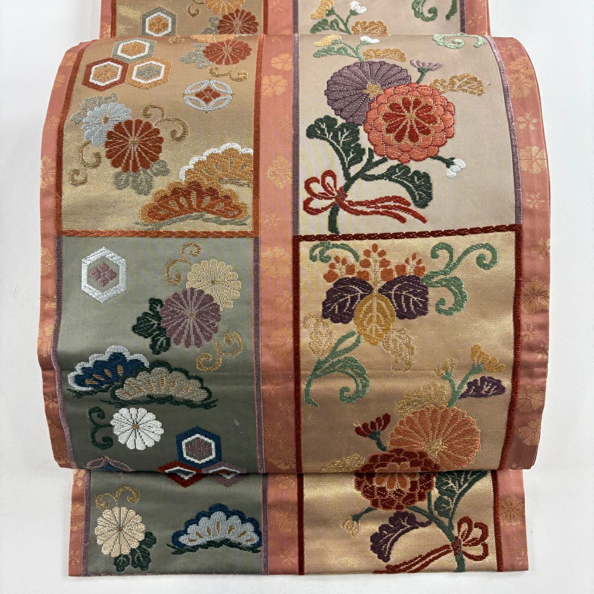 袋帶 秀品級 菊花花 有職紋樣 刺繡 金線 粉色 六通 純蠶絲