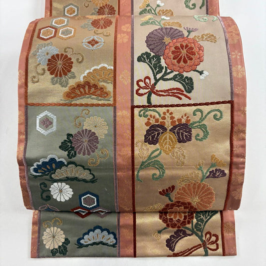 袋帶 秀品級 菊花花 有職紋樣 刺繡 金線 粉色 六通 純蠶絲