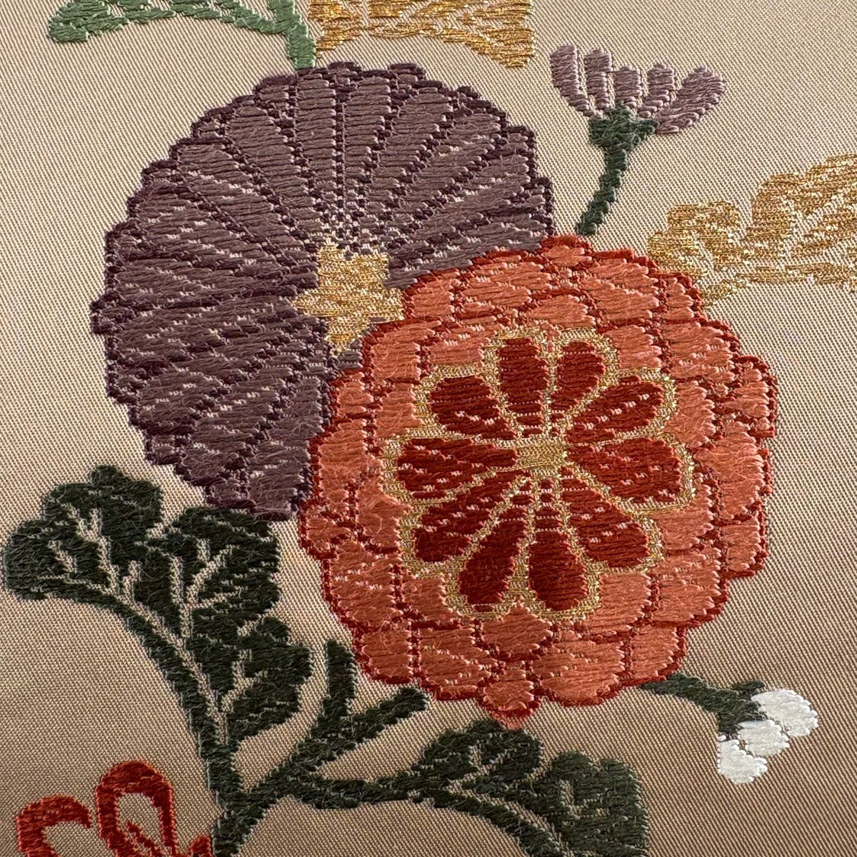 袋帶 秀品級 菊花花 有職紋樣 刺繡 金線 粉色 六通 純蠶絲