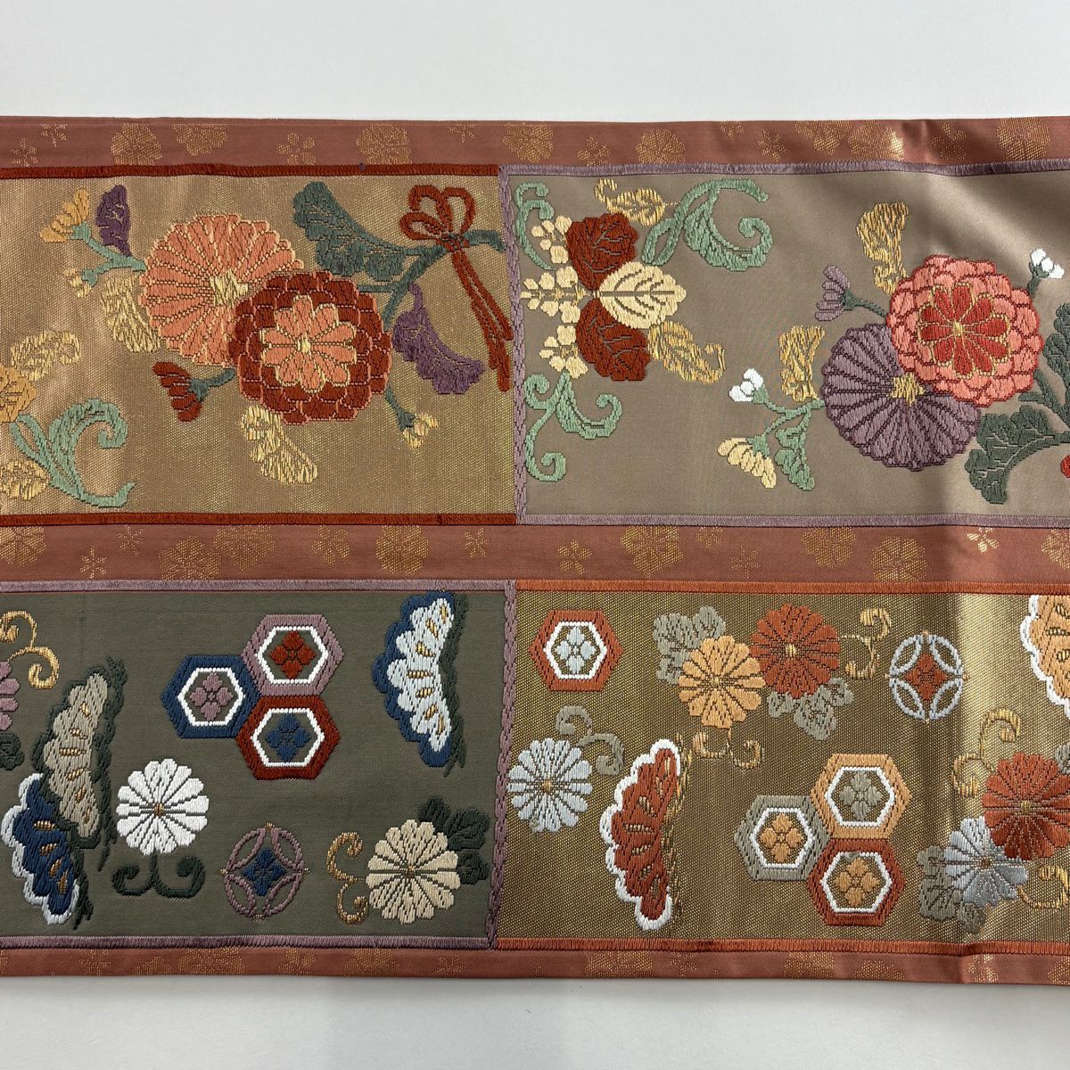 袋帶 秀品級 菊花花 有職紋樣 刺繡 金線 粉色 六通 純蠶絲